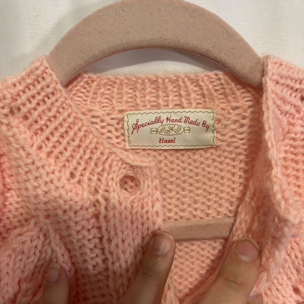 Vintage Handmade By Hazel Peach Pink Leaf Cable Knit Cardigan Cottagecore M/L - Picture 3 of 7